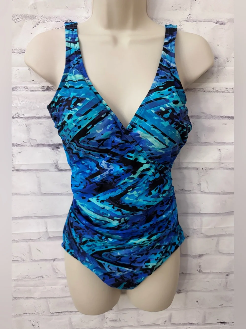 Miradonna By Miraclesuit V Neck One Piece Swimsuit Slimming Size 10 Blue Modest